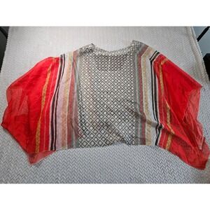 Sheer Red Geometric Striped Poncho Top Boho‎ Beach Cover Up One Size